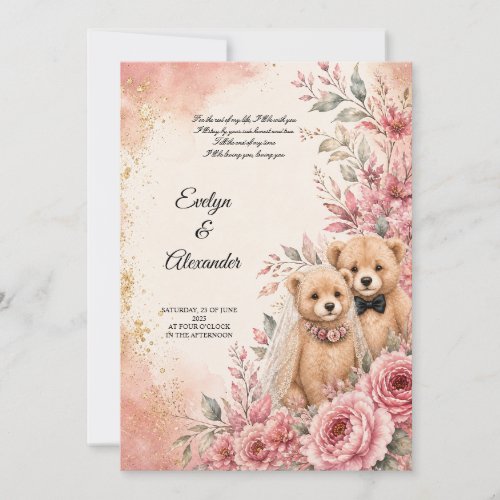 Cute Teddy Bear Bride and Groom Pink Floral Invitation