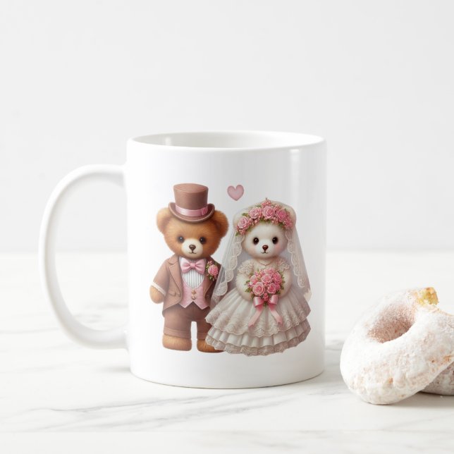 Cute Teddy Bear Bride And Groom Wedding  Coffee Mug (With Donut)
