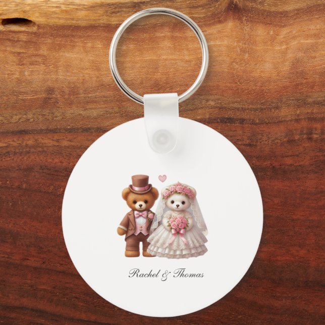 Cute Teddy Bear Bride And Groom Wedding  Keychain (Front)