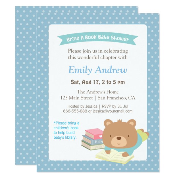 Cute Teddy Bear Bring A Book Baby Shower Invitation