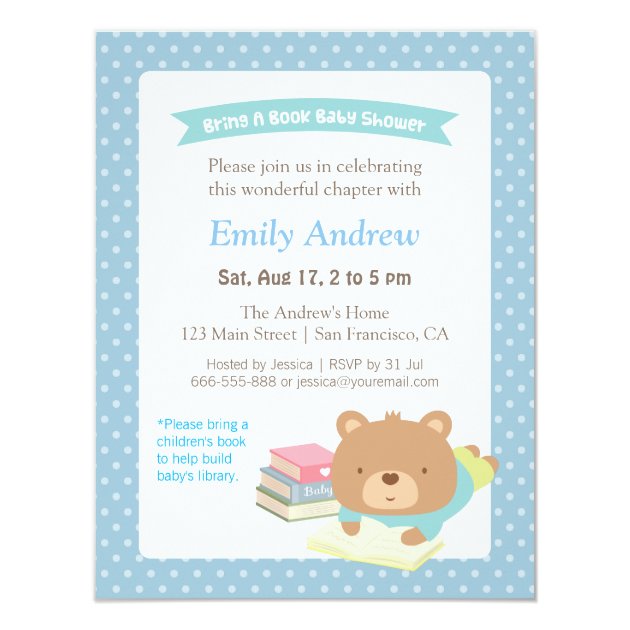 Cute Teddy Bear Bring A Book Baby Shower Invitation