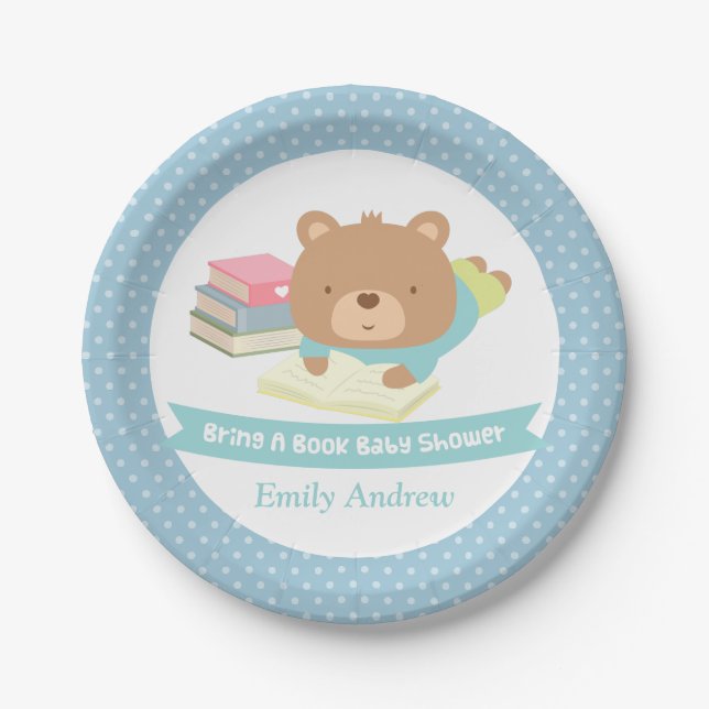 Cute Teddy Bear Bring a Book Baby Shower Paper Plates (Front)