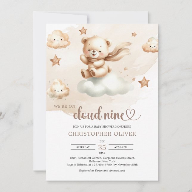 Cute teddy bear brown ivory beige cloud nine invitation (Front)