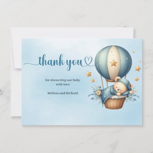 Cute teddy bear brown ivory blue hot air balloon thank you card