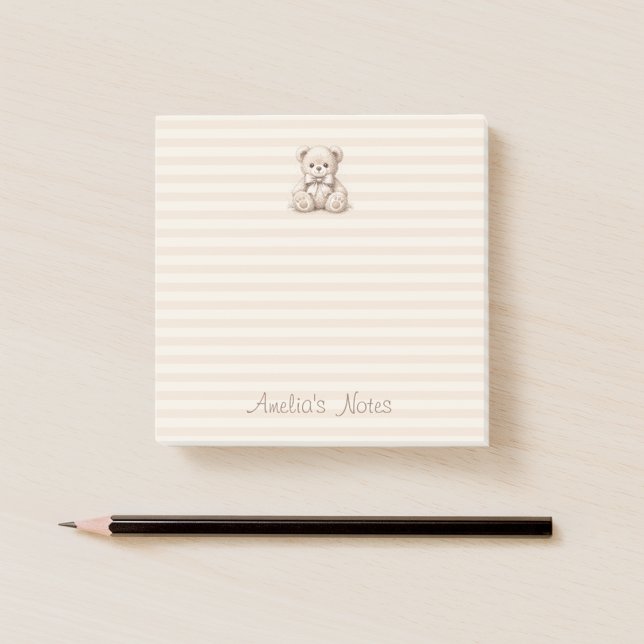 Cute Teddy Bear Brown Stripes & Kid Name Script Post-it Notes (Creator Uploaded)