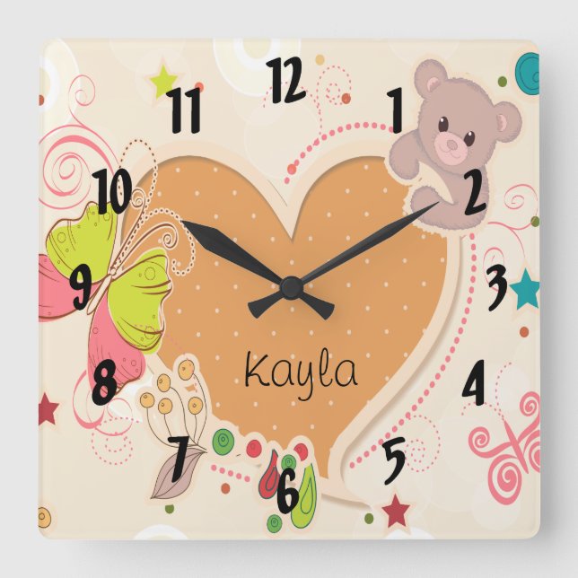 cute teddy bear butterfly heart kids square wall clock (Front)