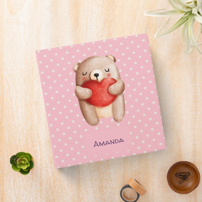Cute Teddy Bear Carrying a Red Heart 3 Ring Binder (In Situ)