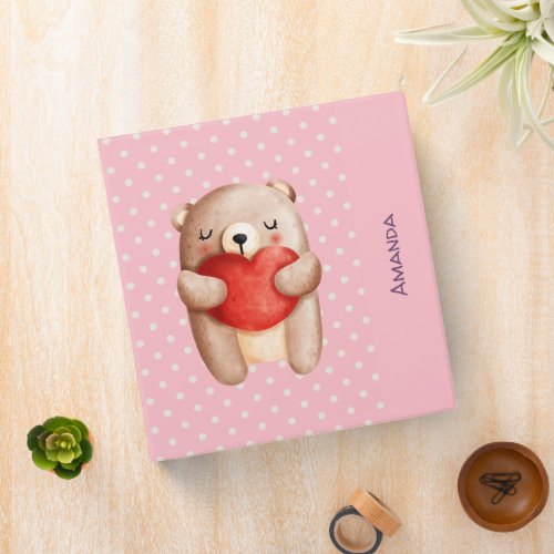 Cute Teddy Bear Carrying a Red Heart 3 Ring Binder