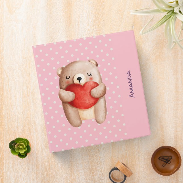 Cute Teddy Bear Carrying a Red Heart 3 Ring Binder (In Situ)