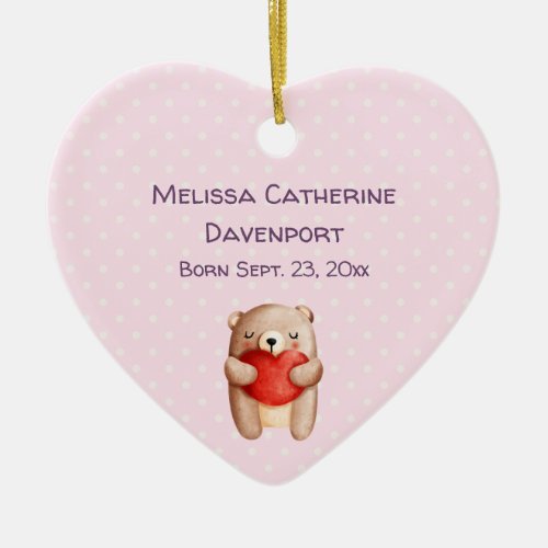 Cute Teddy Bear Carrying a Red Heart Baby Birth Ceramic Ornament