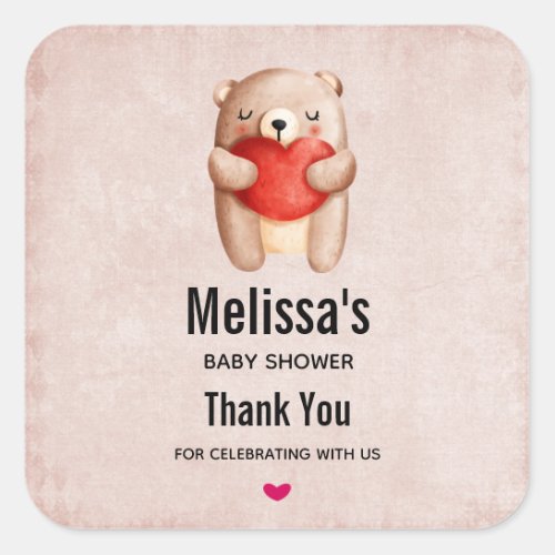 Cute Teddy Bear Carrying a Red Heart Baby Shower Square Sticker