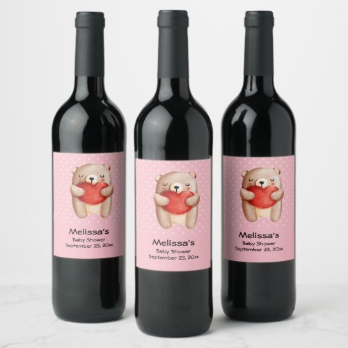 Cute Teddy Bear Carrying a Red Heart Baby Shower Wine Label
