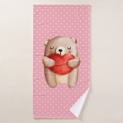 Cute Teddy Bear Carrying a Red Heart Bath Towel Set