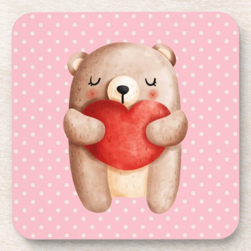 Cute Teddy Bear Carrying a Red Heart Beverage Coaster