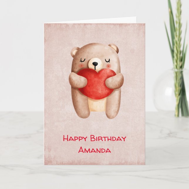 Cute Teddy Bear Carrying a Red Heart Birthday Card (Front)