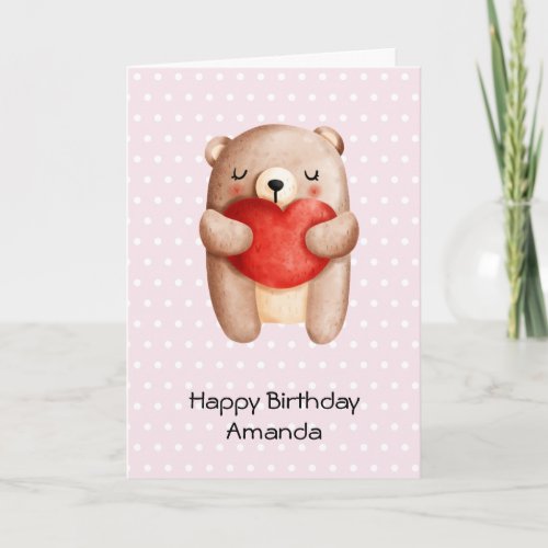 Cute Teddy Bear Carrying a Red Heart Birthday Card