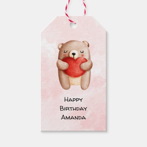 Cute Teddy Bear Carrying a Red Heart Birthday Gift Tags
