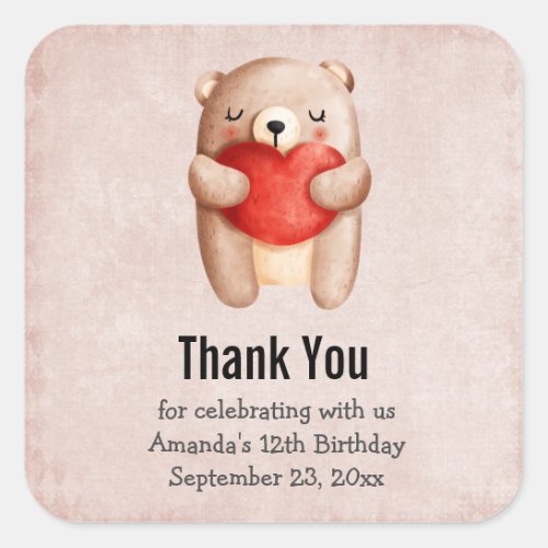 Cute Teddy Bear Carrying a Red Heart Birthday Square Sticker