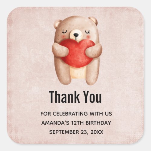 Cute Teddy Bear Carrying a Red Heart Birthday Square Sticker