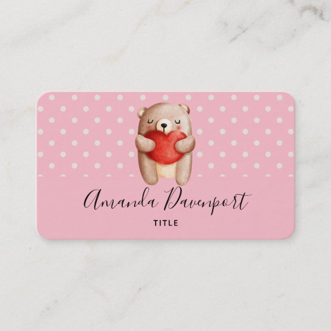 Cute Teddy Bear Carrying a Red Heart Business Card (Front)