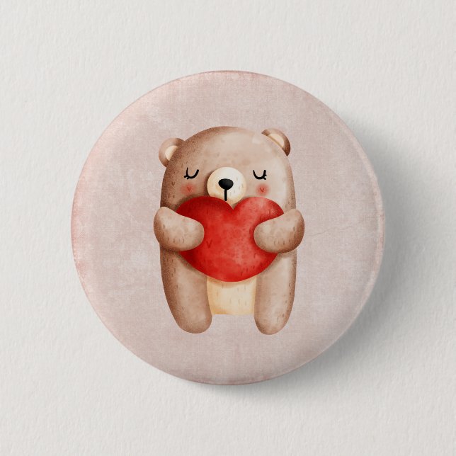 Cute Teddy Bear Carrying a Red Heart Button (Front)