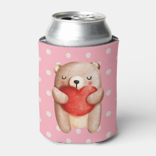 Cute Teddy Bear Carrying a Red Heart Can Cooler
