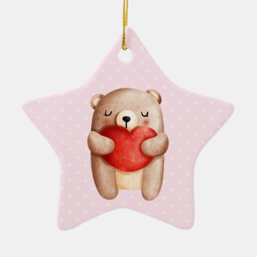 Cute Teddy Bear Carrying a Red Heart Ceramic Ornament