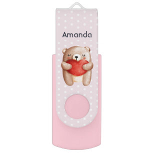 Cute Teddy Bear Carrying a Red Heart Flash Drive