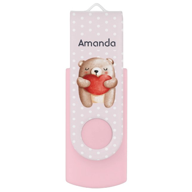 Cute Teddy Bear Carrying a Red Heart Flash Drive (Front Vertical)