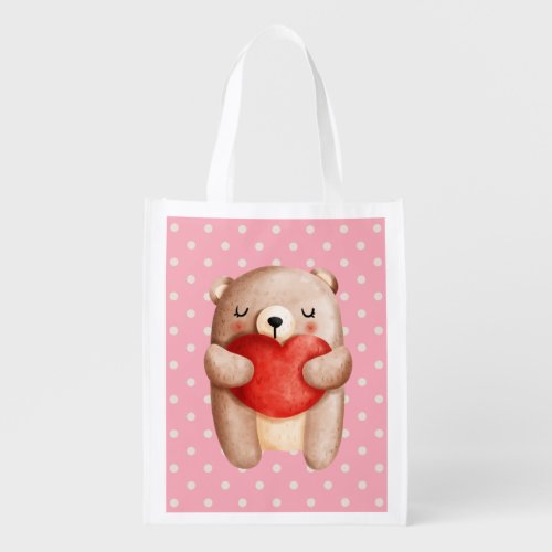 Cute Teddy Bear Carrying a Red Heart Grocery Bag