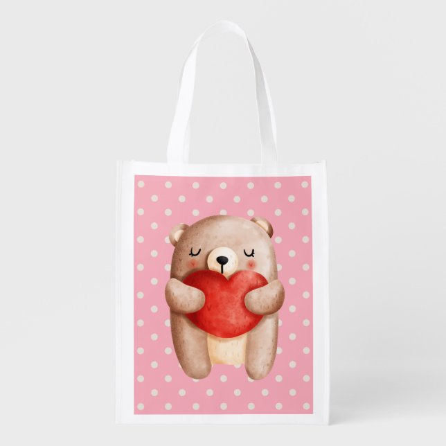 Cute Teddy Bear Carrying a Red Heart Grocery Bag (Front)