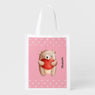 Cute Teddy Bear Carrying a Red Heart Grocery Bag