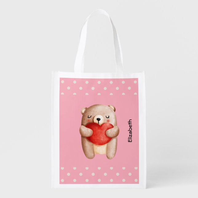 Cute Teddy Bear Carrying a Red Heart Grocery Bag (Front)