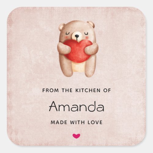Cute Teddy Bear Carrying a Red Heart Kitchen Square Sticker