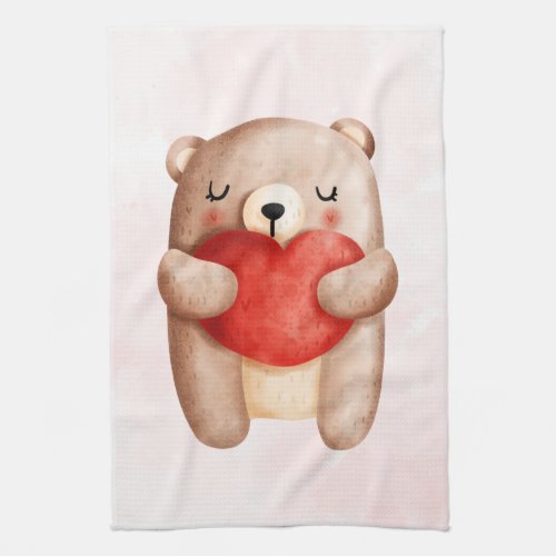 Cute Teddy Bear Carrying a Red Heart Kitchen Towel