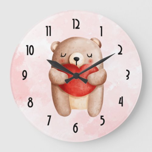 Cute Teddy Bear Carrying a Red Heart Large Clock