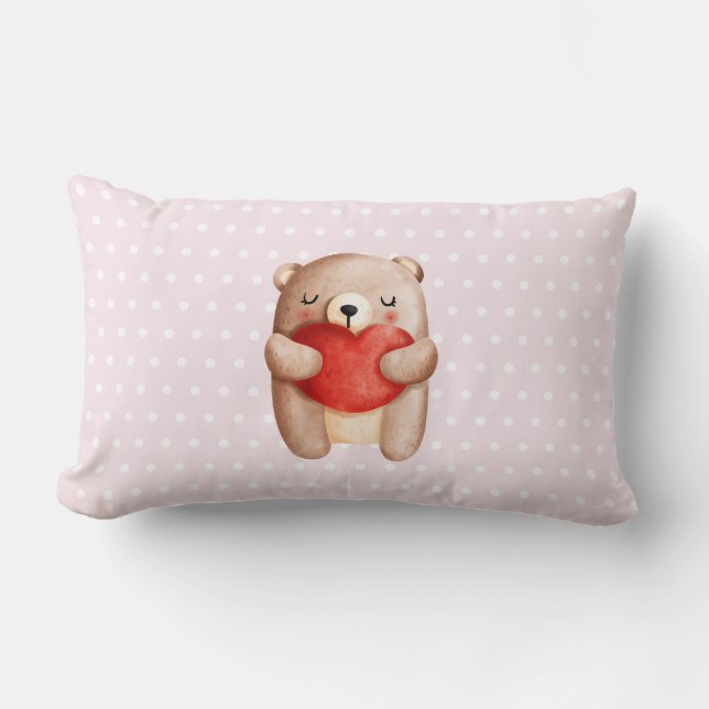 Cute Teddy Bear Carrying a Red Heart Lumbar Pillow (Front)