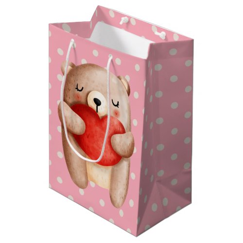Cute Teddy Bear Carrying a Red Heart Medium Gift Bag
