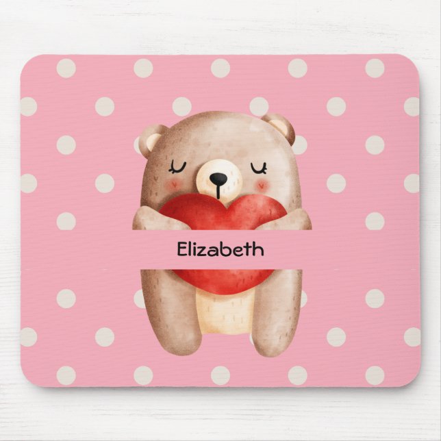 Cute Teddy Bear Carrying a Red Heart Mouse Pad (Front)