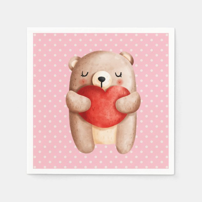 Cute Teddy Bear Carrying a Red Heart Napkins (Front)
