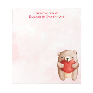 Cute Teddy Bear Carrying a Red Heart Notepad
