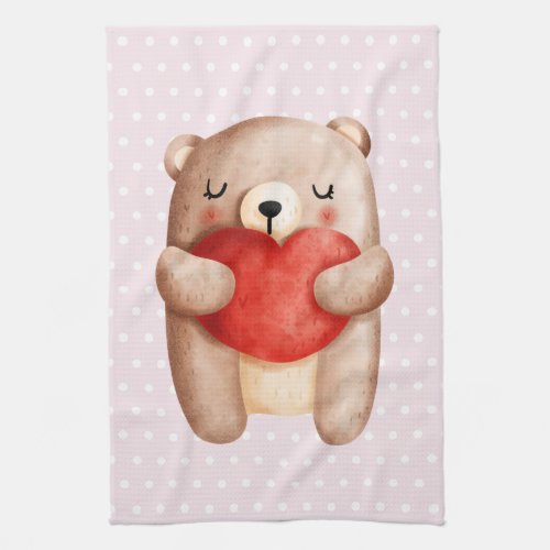 Cute Teddy Bear Carrying a Red Heart on Polka Dots Kitchen Towel