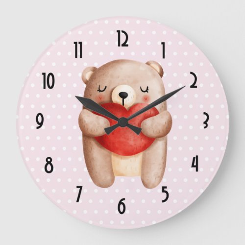 Cute Teddy Bear Carrying a Red Heart on Polka Dots Large Clock