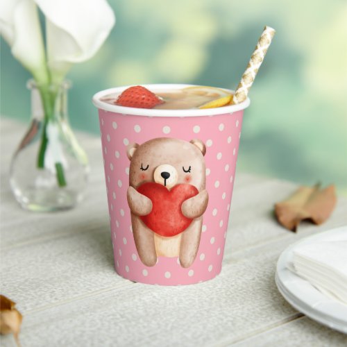 Cute Teddy Bear Carrying a Red Heart Paper Cups