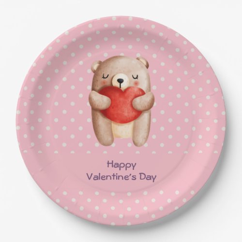 Cute Teddy Bear Carrying a Red Heart Paper Plates