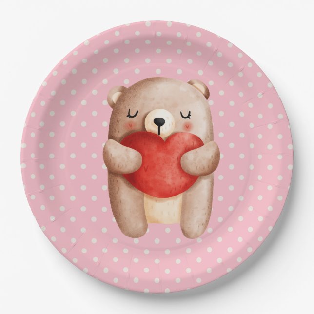  Cute Teddy Bear Carrying a Red Heart Paper Plates (Front)