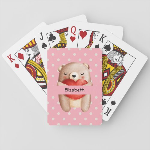 Cute Teddy Bear Carrying a Red Heart Playing Cards