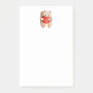 Cute Teddy Bear Carrying a Red Heart Post-it Notes