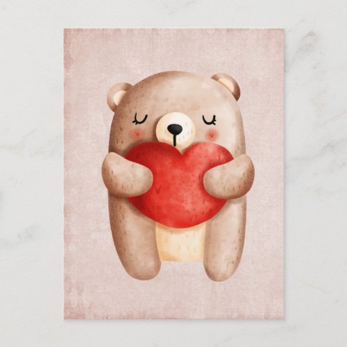 Cute Teddy Bear Carrying a Red Heart Postcard