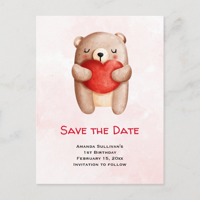 Cute Teddy Bear Carrying a Red Heart Save the Date Invitation Postcard (Front)